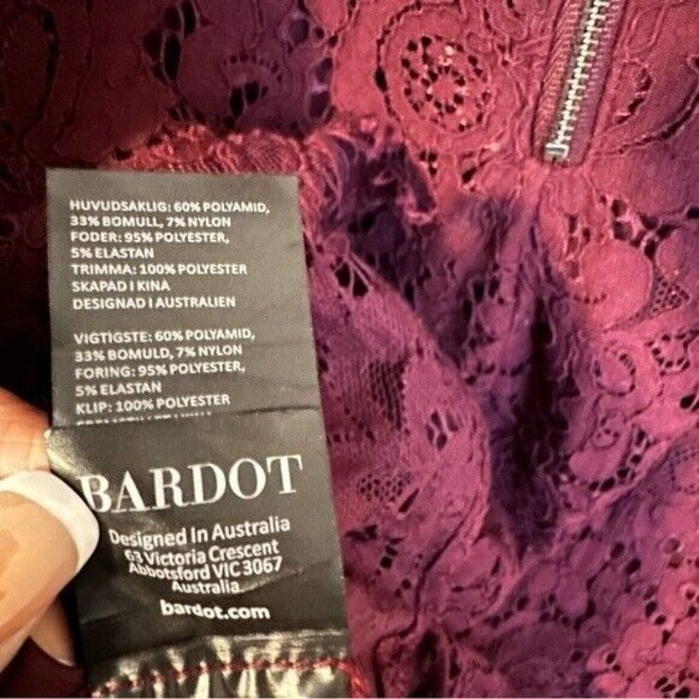 Bardot  Womens Burgundy Lace Zippered Mock Neck Floral Cocktail Sheath Dress 10 - Picture 9 of 12